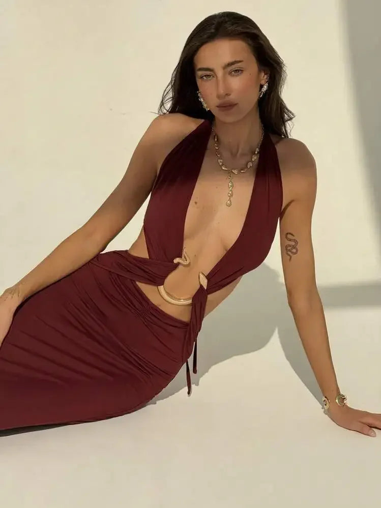 Snake Print Deep V Neck Backless Dress