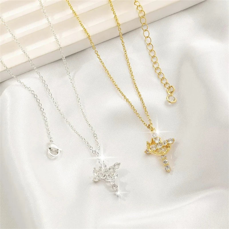 Rotatable Crown Rhinestone Cross Necklace Earrings Rings for Women