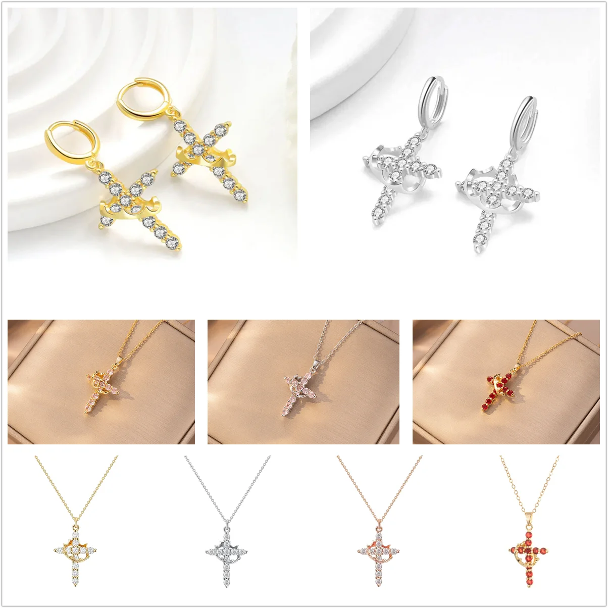 Rotatable Crown Rhinestone Cross Necklace Earrings Rings for Women