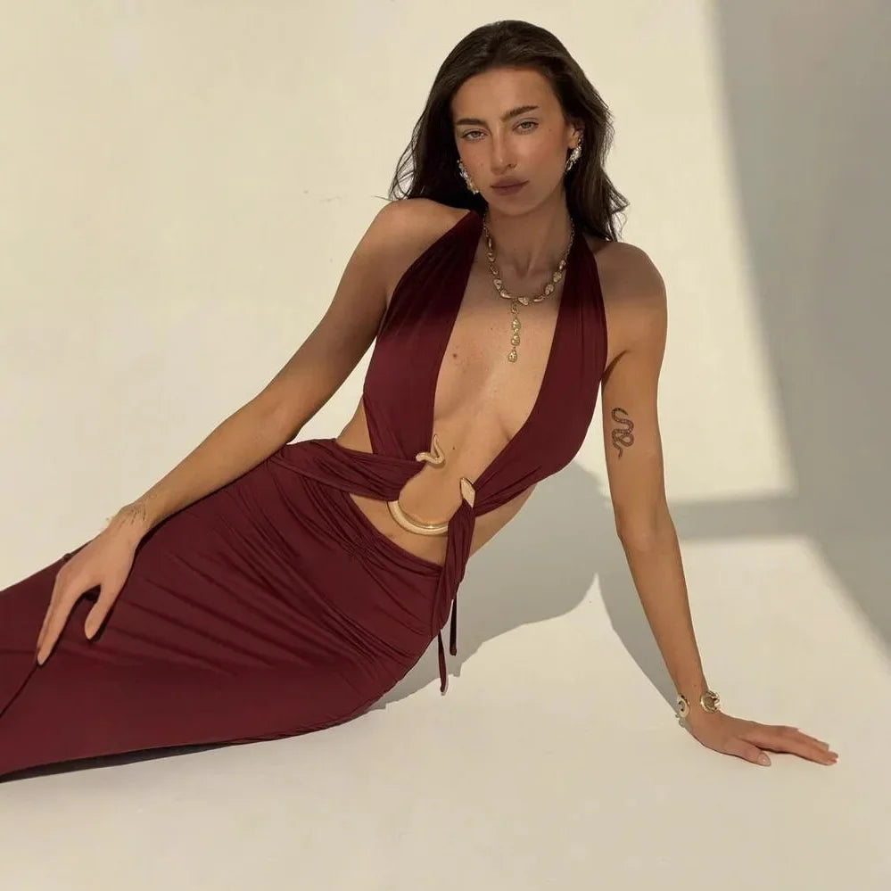 Snake Print Deep V Neck Backless Dress