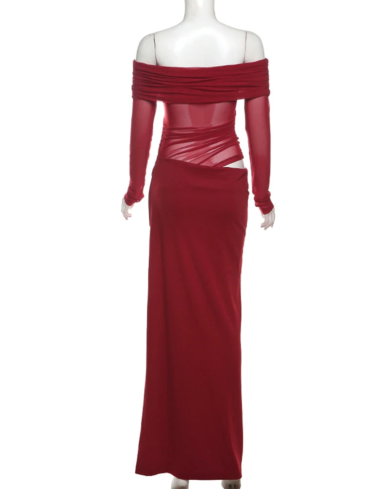 Mesh Elegant Slash Neck Ruched Dress