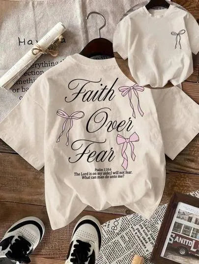 Pink Bow Faith Over Fear Printed Women Tee Shirts