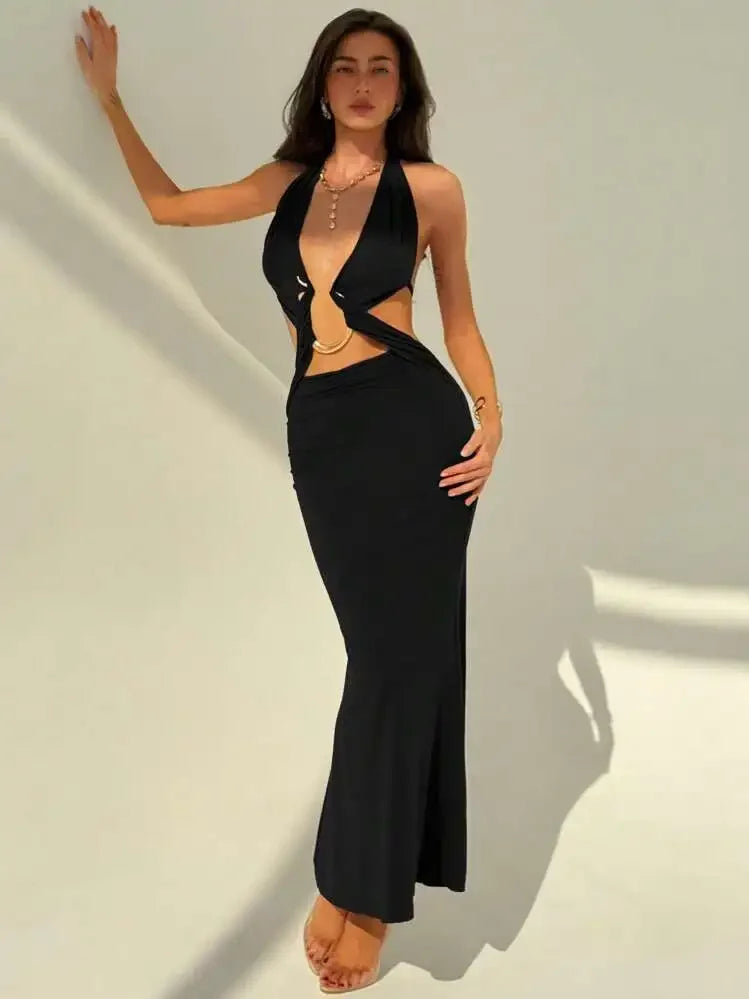Snake Print Deep V Neck Backless Dress