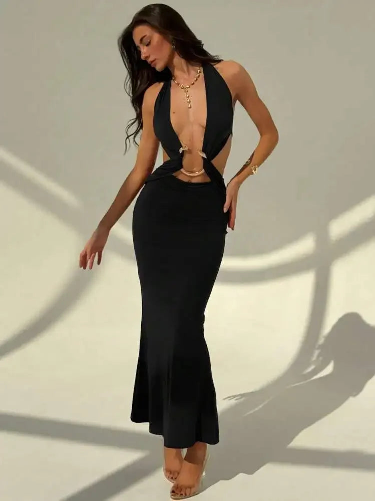 Snake Print Deep V Neck Backless Dress