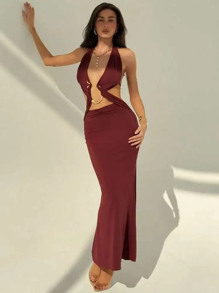 Snake Print Deep V Neck Backless Dress