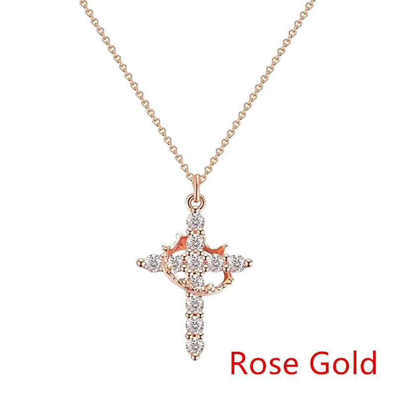 Rotatable Crown Rhinestone Cross Necklace Earrings Rings for Women
