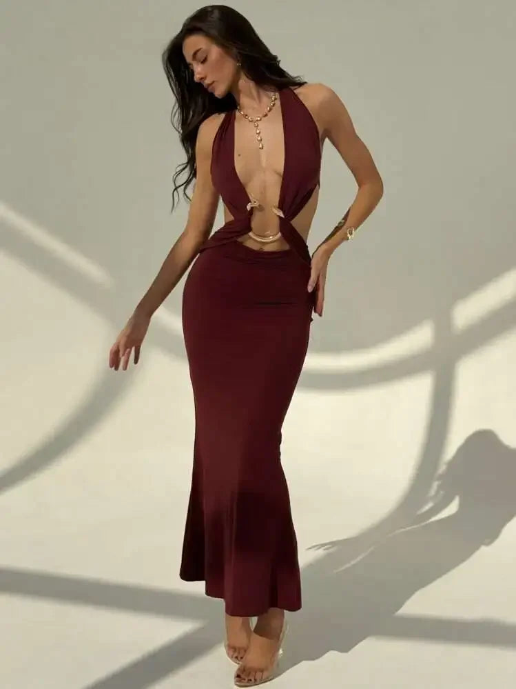 Snake Print Deep V Neck Backless Dress