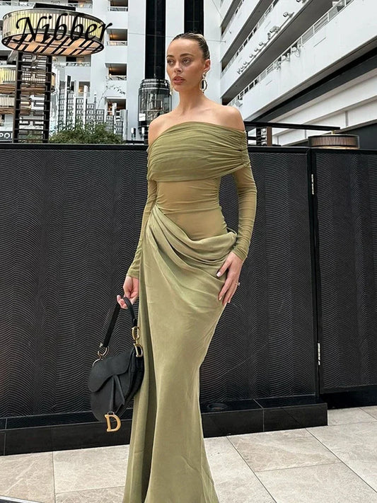 Mesh Elegant Slash Neck Ruched Dress