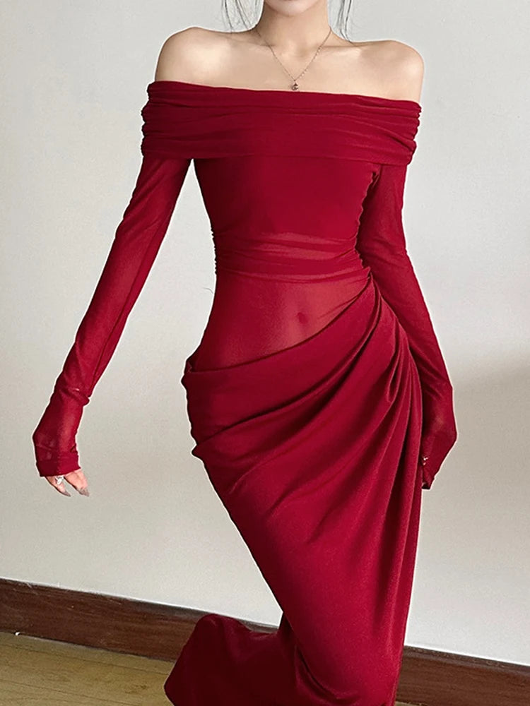 Mesh Elegant Slash Neck Ruched Dress