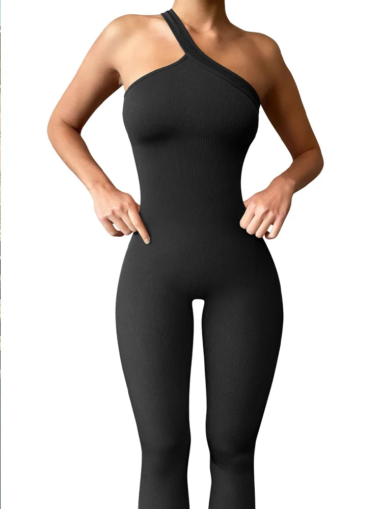 Solid Color One Shoulders Workout Bodysuit