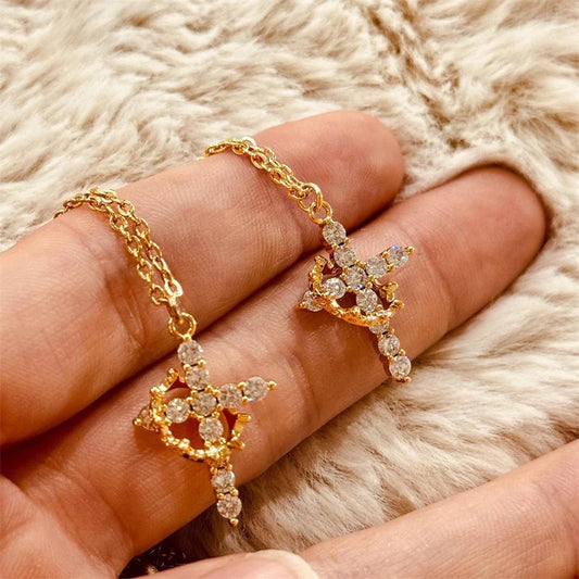 Rotatable Crown Rhinestone Cross Necklace Earrings Rings for Women