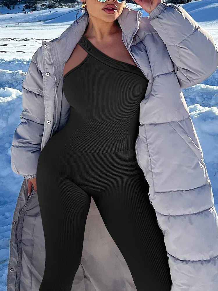 Solid Color One Shoulders Workout Bodysuit