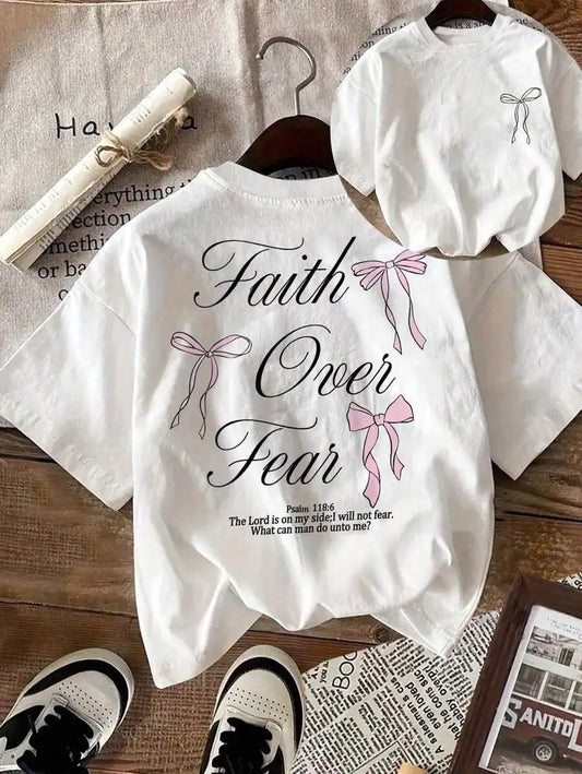 Pink Bow Faith Over Fear Printed Women Tee Shirts