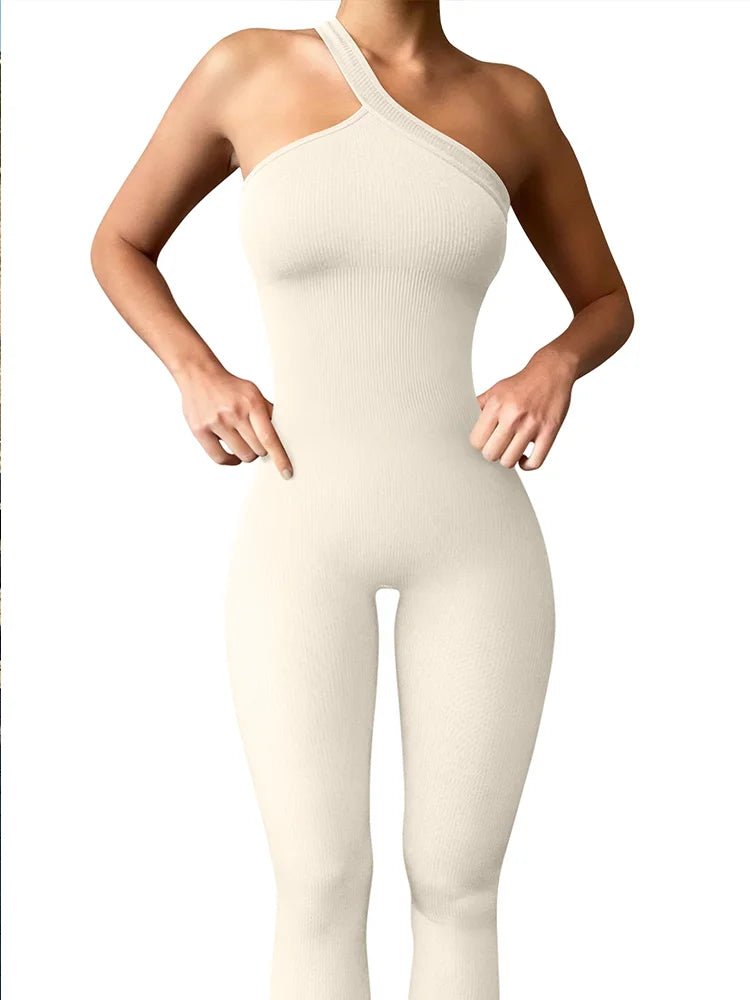 Solid Color One Shoulders Workout Bodysuit