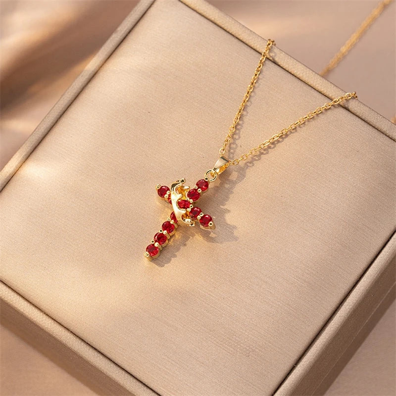 Rotatable Crown Rhinestone Cross Necklace Earrings Rings for Women