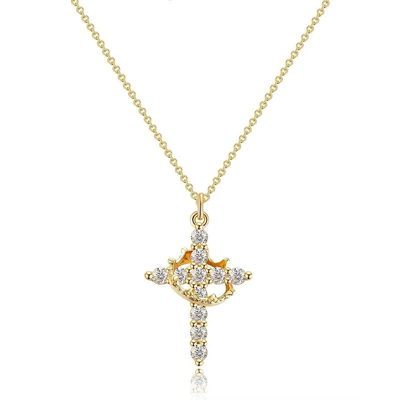 Rotatable Crown Rhinestone Cross Necklace Earrings Rings for Women