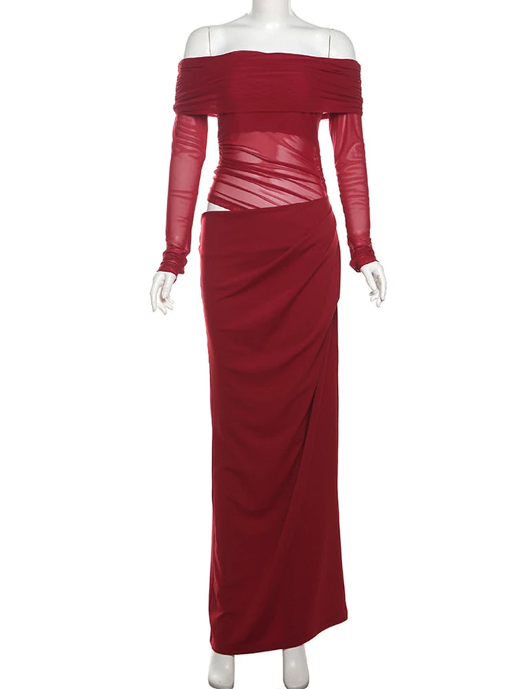 Mesh Elegant Slash Neck Ruched Dress