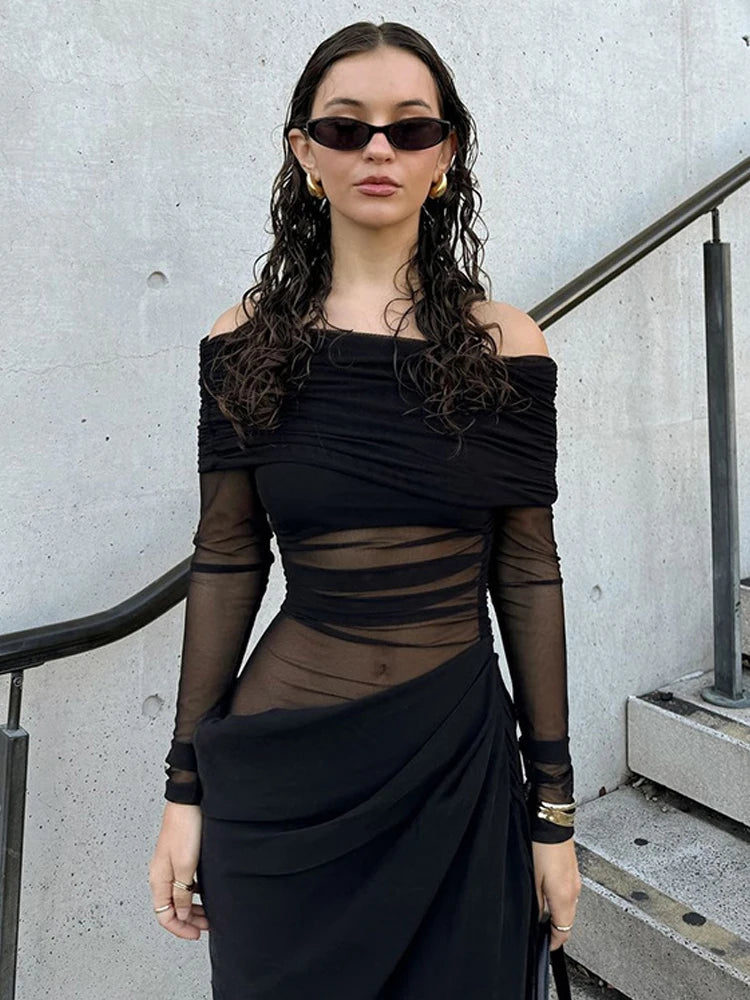 Mesh Elegant Slash Neck Ruched Dress