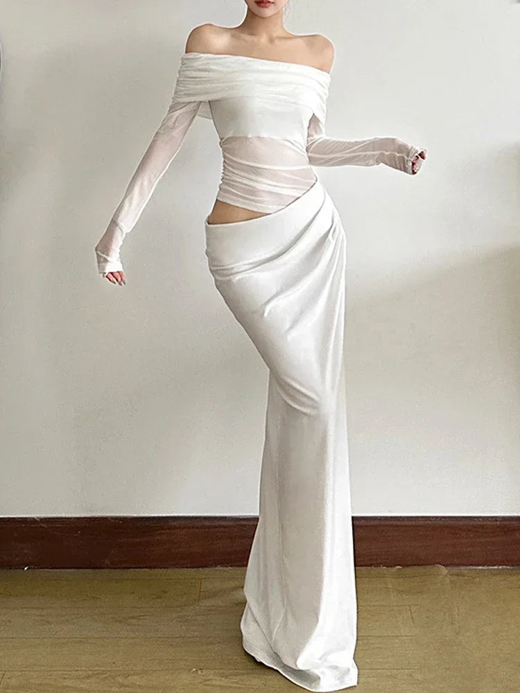 Mesh Elegant Slash Neck Ruched Dress