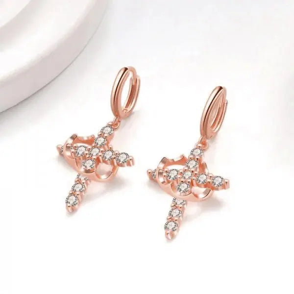 Rotatable Crown Rhinestone Cross Necklace Earrings Rings for Women
