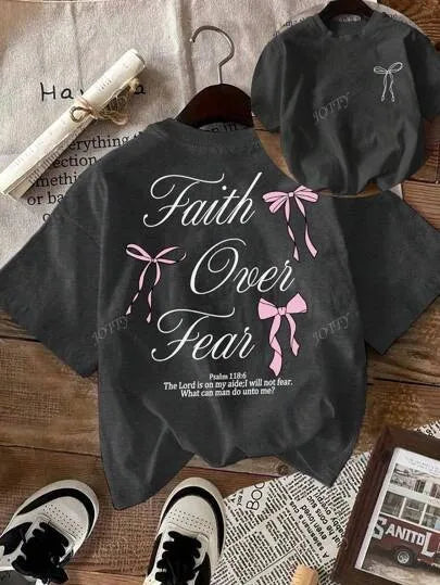 Pink Bow Faith Over Fear Printed Women Tee Shirts