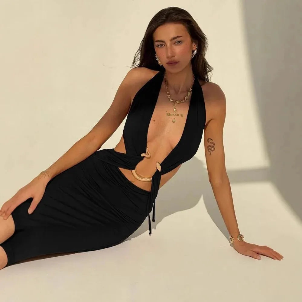 Snake Print Deep V Neck Backless Dress