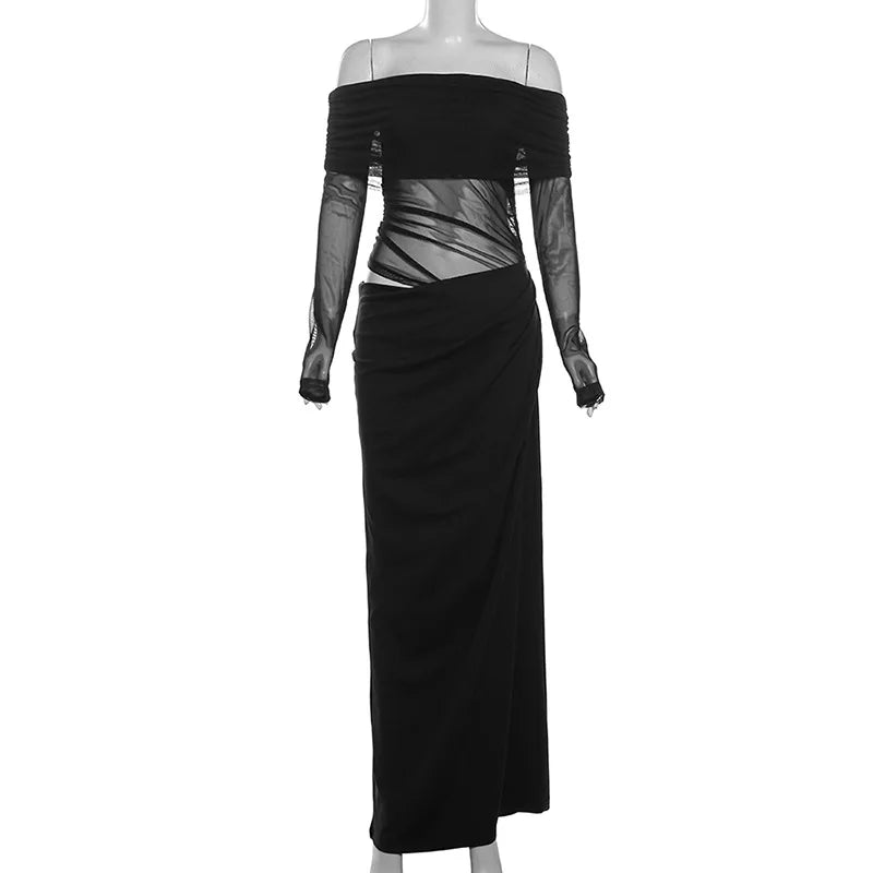 Mesh Elegant Slash Neck Ruched Dress