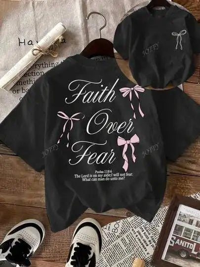 Pink Bow Faith Over Fear Printed Women Tee Shirts