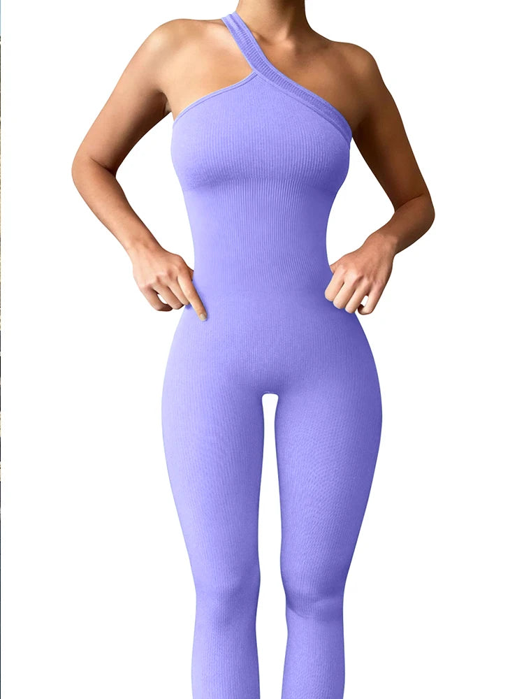 Solid Color One Shoulders Workout Bodysuit
