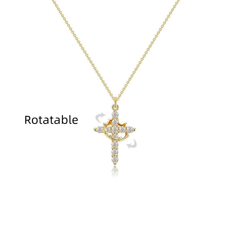 Rotatable Crown Rhinestone Cross Necklace Earrings Rings for Women
