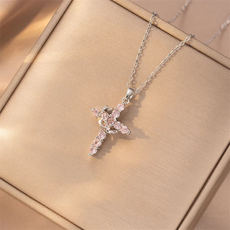 Rotatable Crown Rhinestone Cross Necklace Earrings Rings for Women